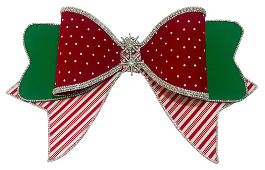 Designer Christmas Bow – Red & Green with Rhinestone Snowflake Brooch – Holiday Décor Gift