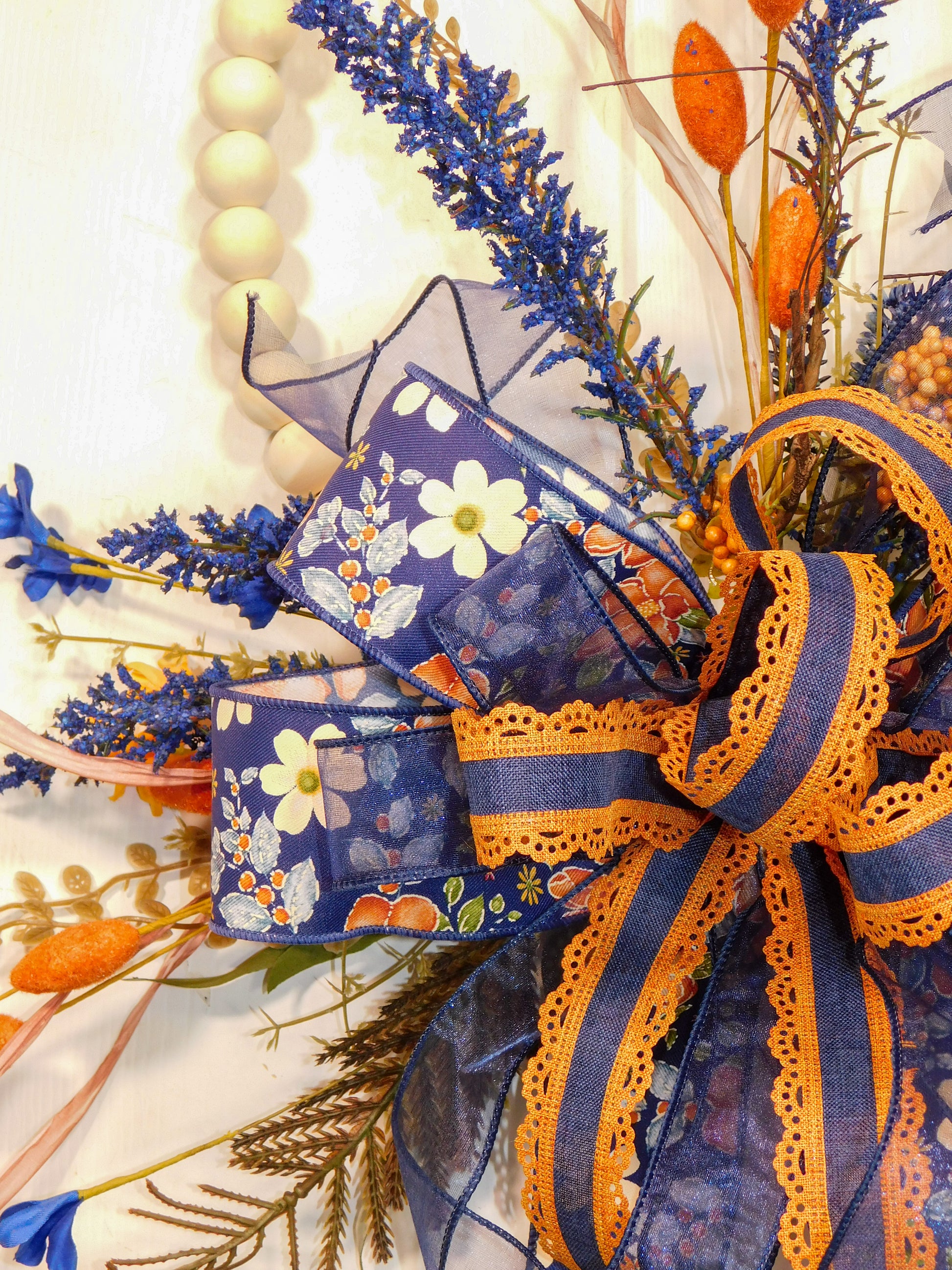 Rustic Beaded Floral Door Hanger with Navy Orange Bow, Autumn