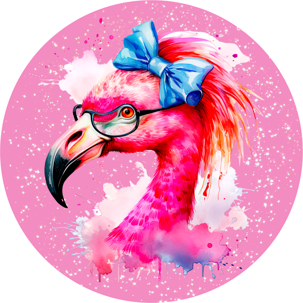 Watercolor Tropical Flamingo with Glasses and Bow Wreath Sign