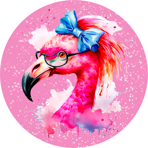 Watercolor Tropical Flamingo with Glasses and Bow Wreath Sign