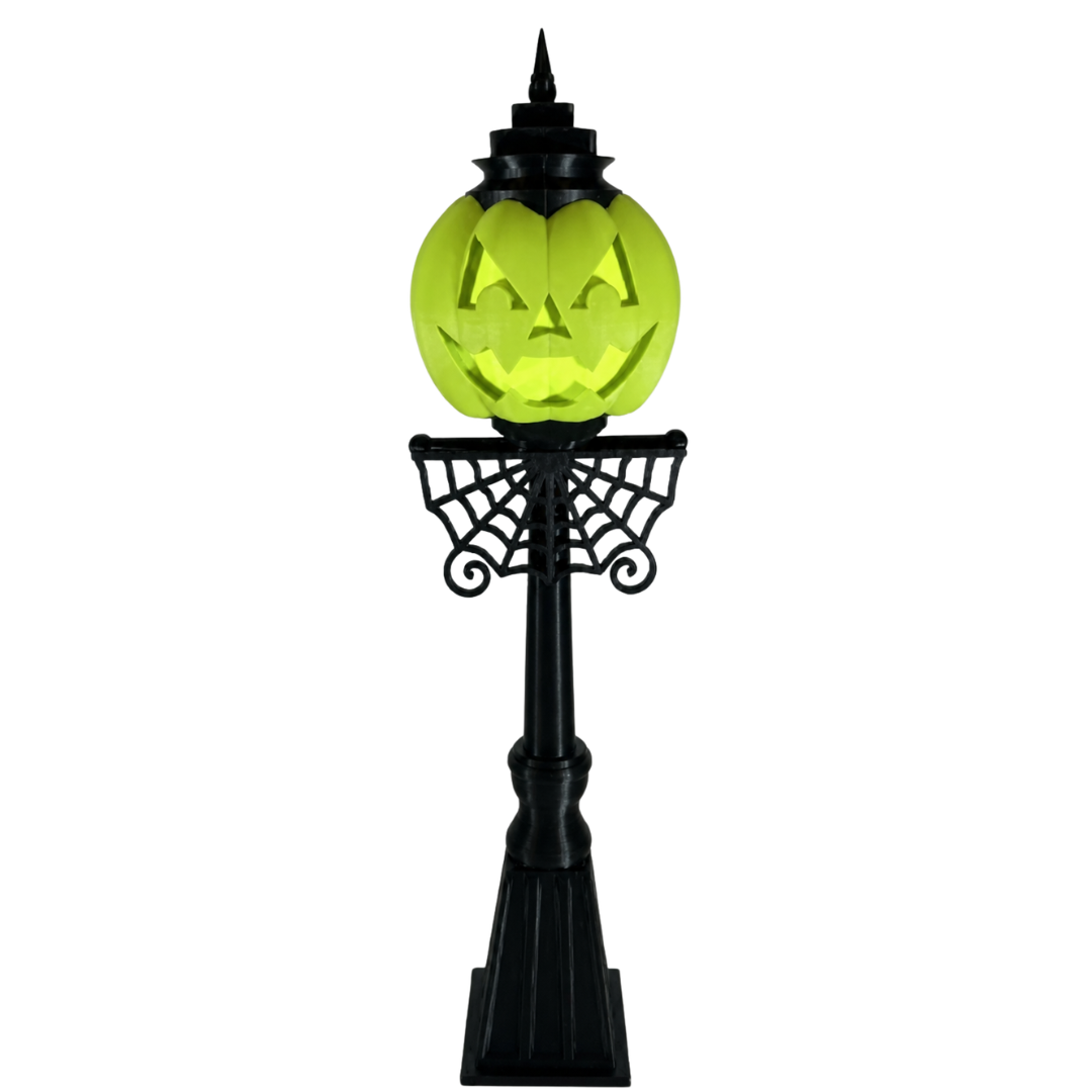 Jack-O-Lantern Pumpkin Lamp Post with Spider Web Accent | Light-Up Halloween Decor