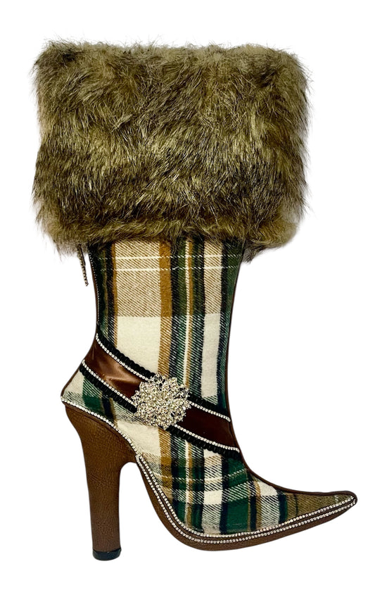 Green Plaid Flannel Bougie Boot Wreath Attachment  Rustic Glam