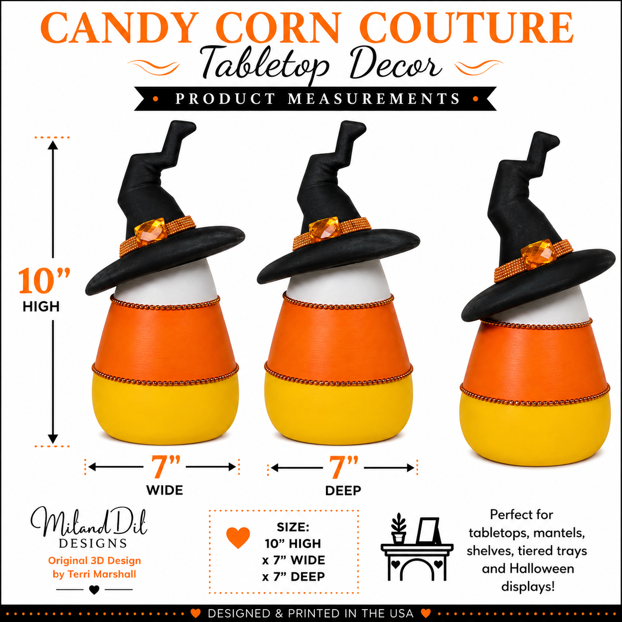 Candy Corn Couture Tabletop Decor, 10" Halloween Candy Corn Decoration, 3D Printed Shelf & Mantel Decor, Original Design by Terri Marshall