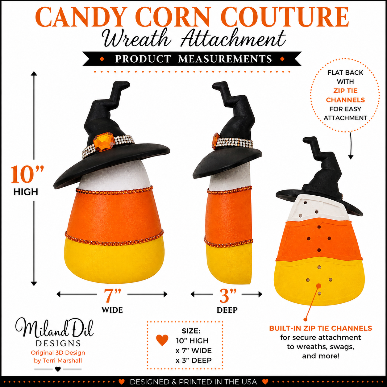 Candy Corn Couture Wreath Attachment, 10" Halloween Wreath Attachment, 3D Printed Witch Hat Candy Corn Decor by MilandDil Designs