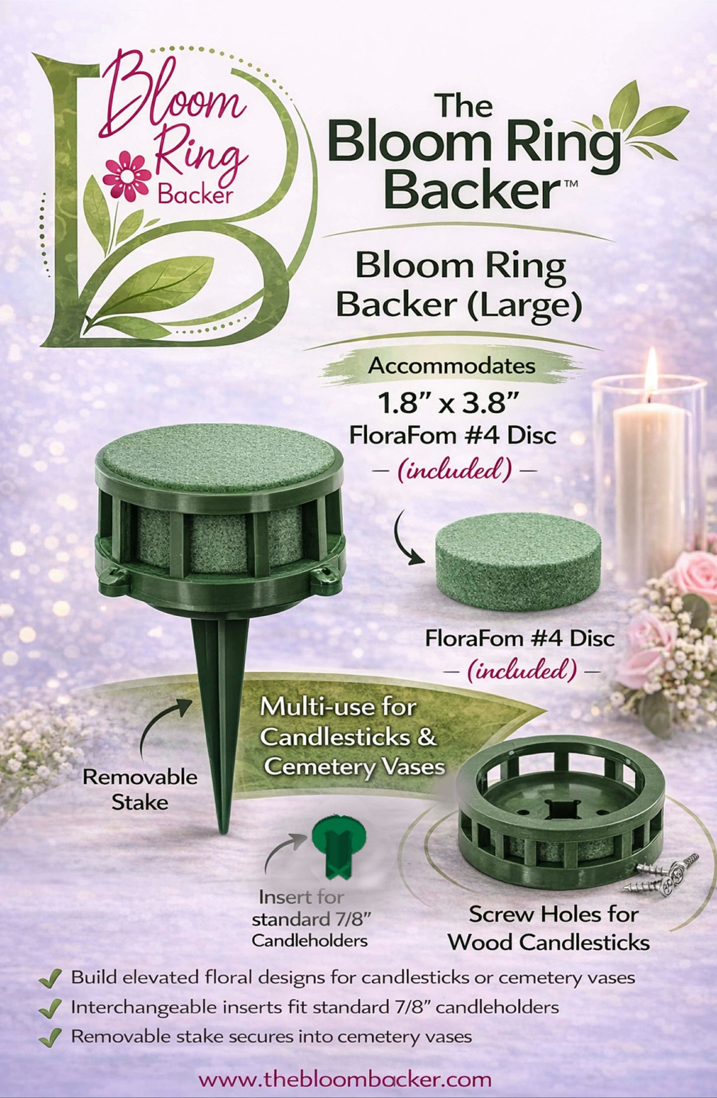 The Bloom Ring Backer™  Interchangeable Floral Ring System for Candles, Memorial Cones & Event Designs