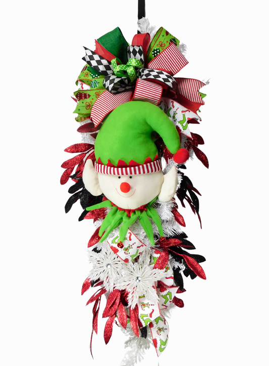 Whimsical Elf Christmas Door Swag - Festive Holiday Decor with Bows & Glitter Accents
