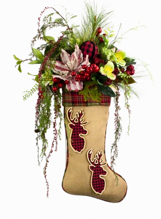 Rustic Christmas Stocking Door Swag - Plaid & Burlap Holiday Decor with Greenery & Berries