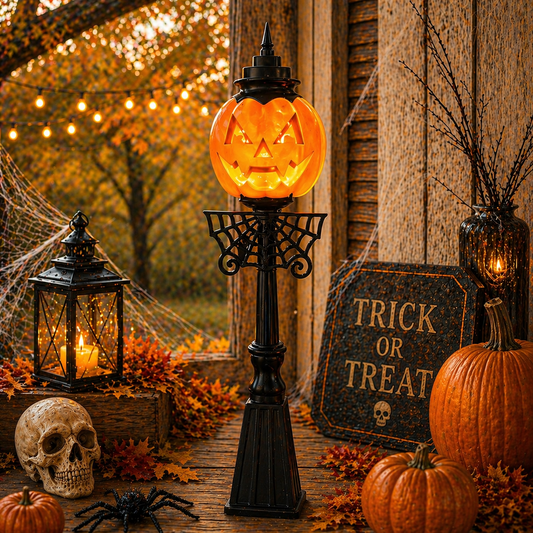 Jack-O-Lantern Pumpkin Lamp Post with Spider Web Accent | Light-Up Halloween Decor