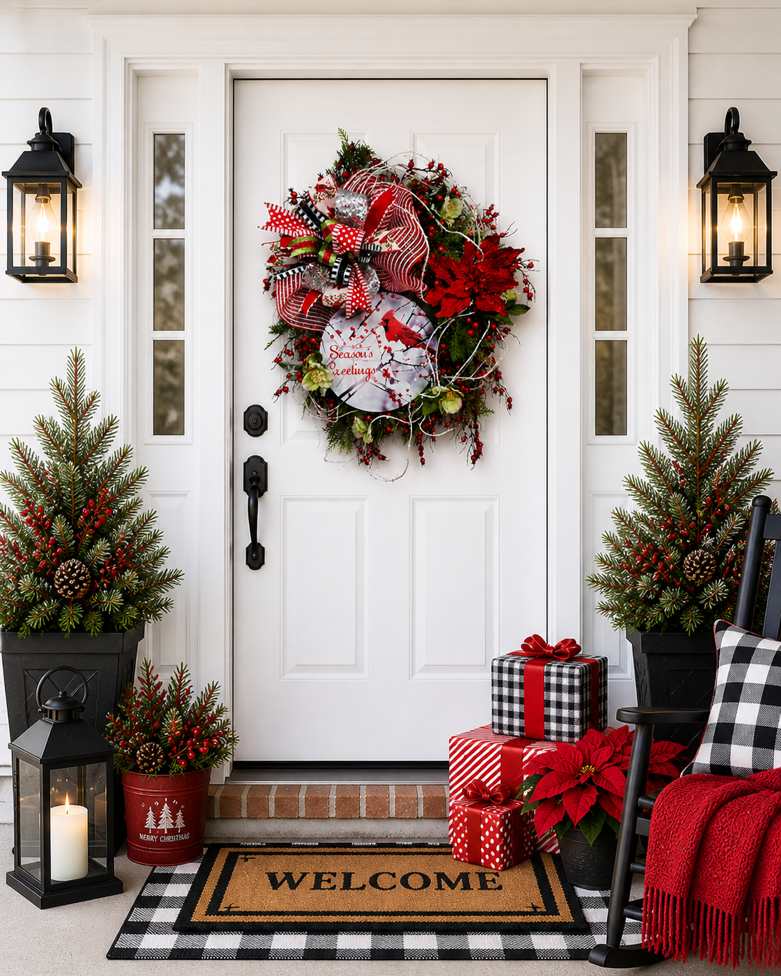 Cardinal Season's Greetings Christmas Wreath – Festive Red & White Winter Décor with Designer Ribbon & Holiday Accents