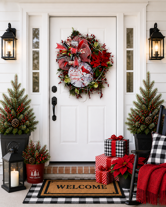Cardinal Season's Greetings Christmas Wreath – Festive Red & White Winter Décor with Designer Ribbon & Holiday Accents