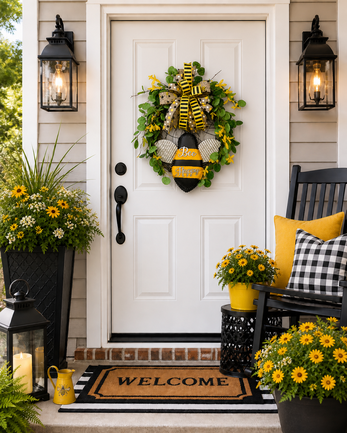 Bee Happy Wreath with Metal Sign and Yellow Accents - Spring and Summer Door Decor