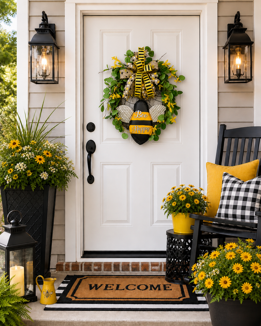 Bee Happy Wreath with Metal Sign and Yellow Accents - Spring and Summer Door Decor