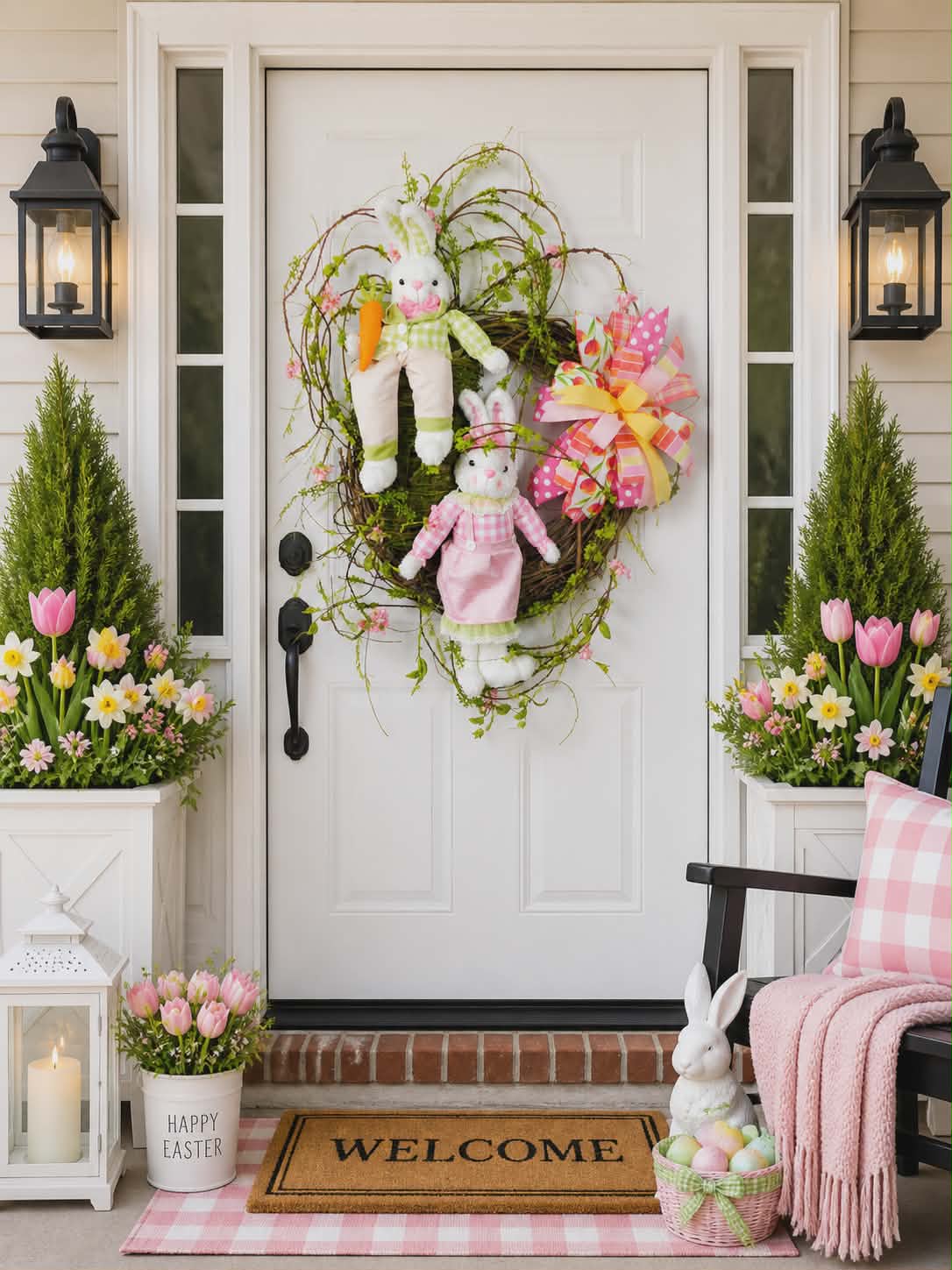 Double Bunny Grapevine Wreath with Floral Accents and Colorful Bow - Spring and Easter Door Decor