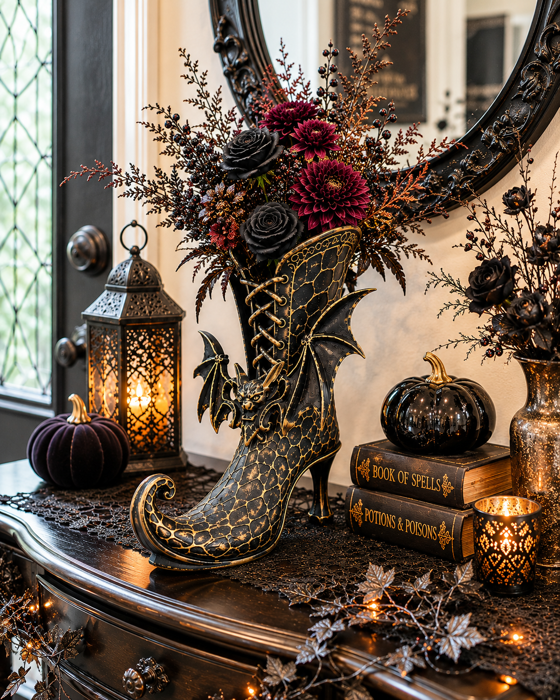 Gothic Witch Boot Vase with Bat Wings — Hand-Painted Halloween Vase Container