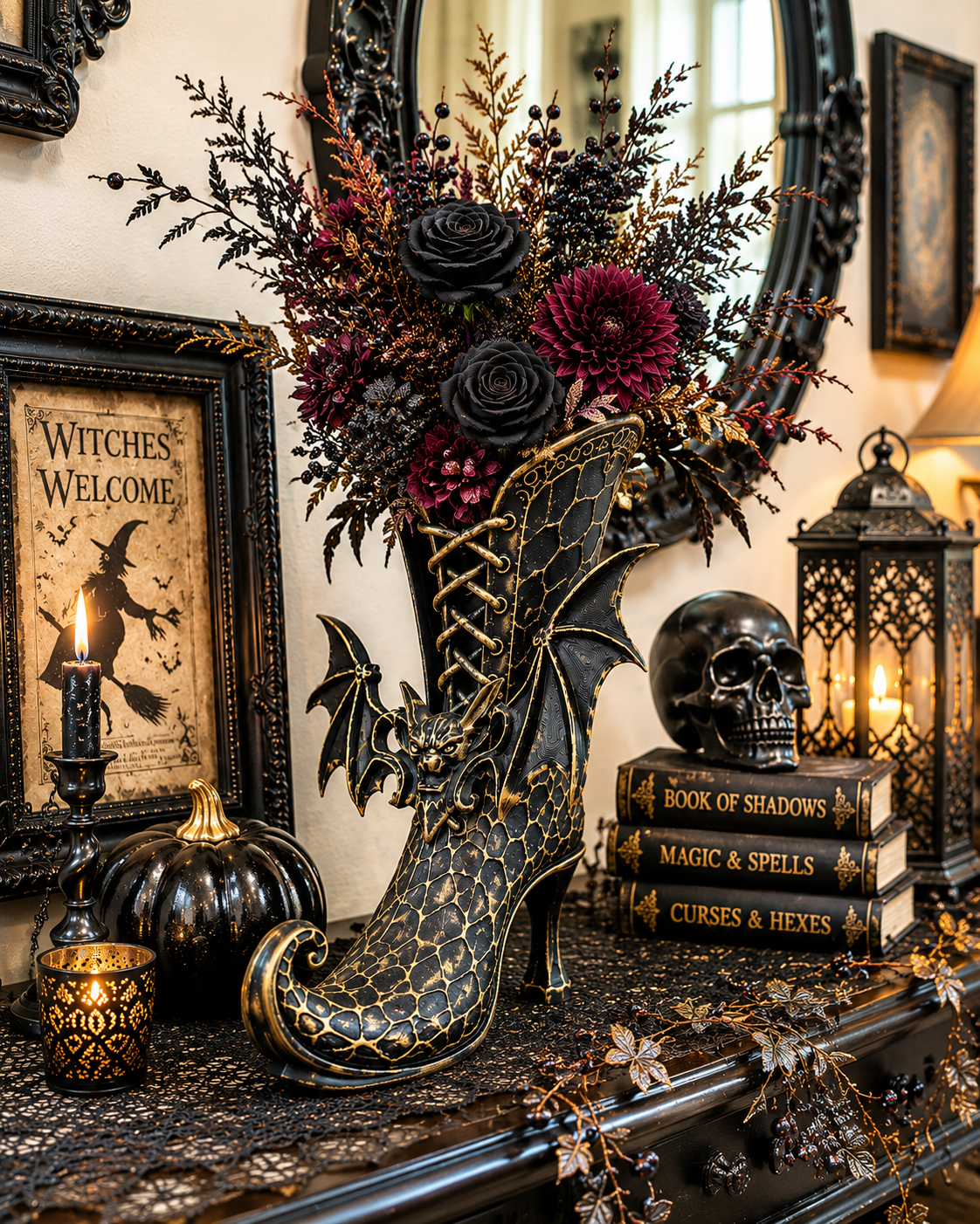 Gothic Witch Boot Vase with Bat Wings — Hand-Painted Halloween Vase Container