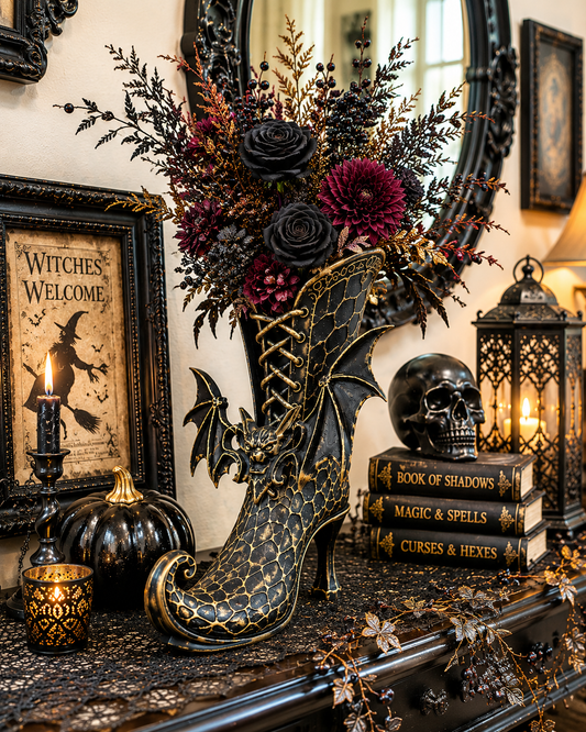 PRE-ORDER Gothic Witch Boot Vase with Bat Wings — Hand-Painted Halloween Vase Container