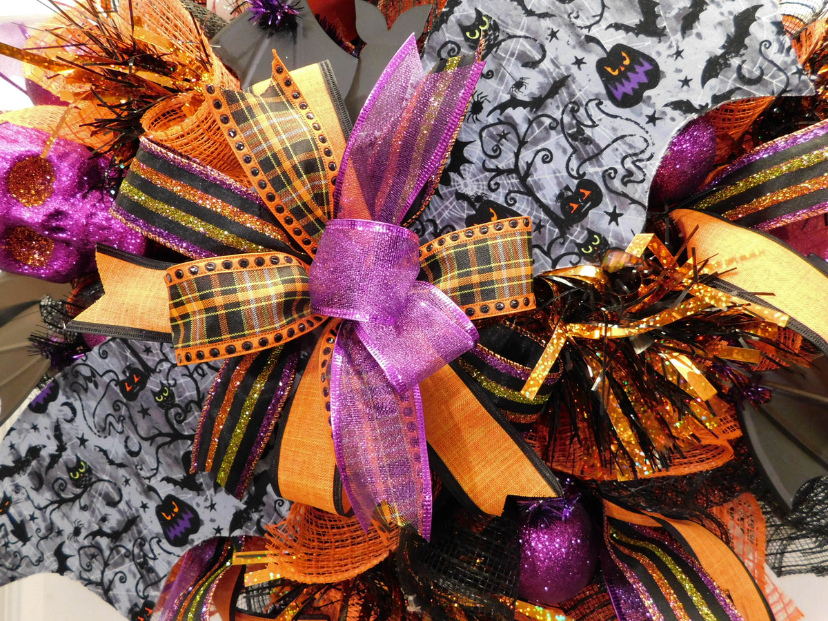 Halloween Bat Deco Mesh Wreath with Purple and Orange Bows - Spooky Do ...