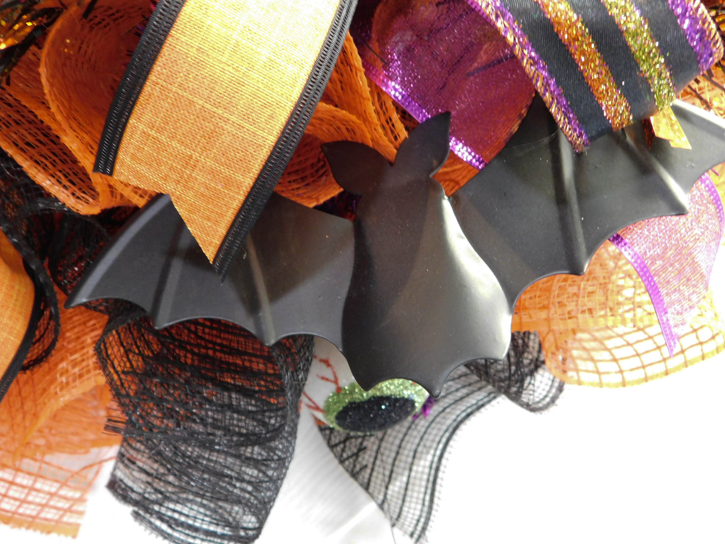 Halloween Bat Deco Mesh Wreath with Purple and Orange Bows - Spooky Do ...