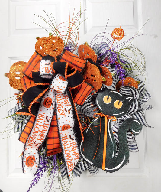 Happy Halloween Black Cat Wreath with Glitter Pumpkins - 28” Deco Mesh Decoe