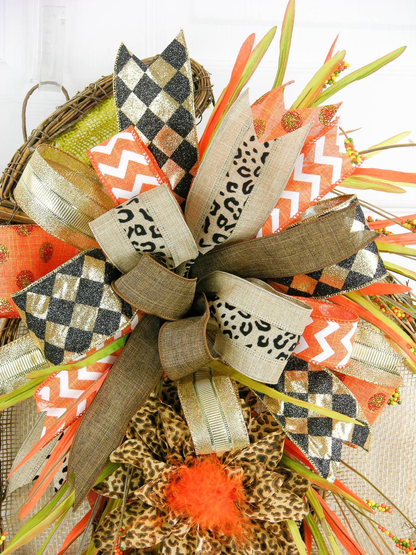 Autumn Owl Grapevine Pumpkin Door Hanger with Fall Bows and Leopard Accents