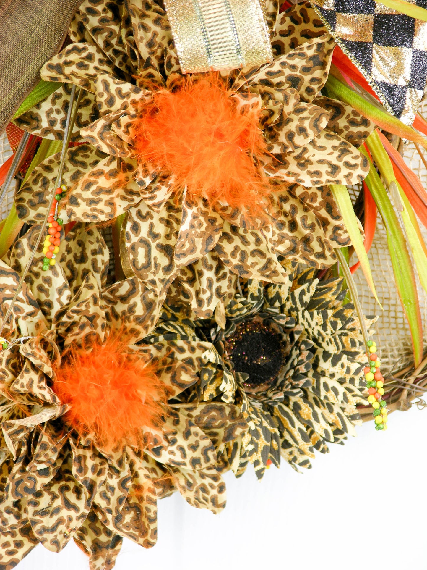 Autumn Owl Grapevine Pumpkin Door Hanger with Fall Bows and Leopard Accents