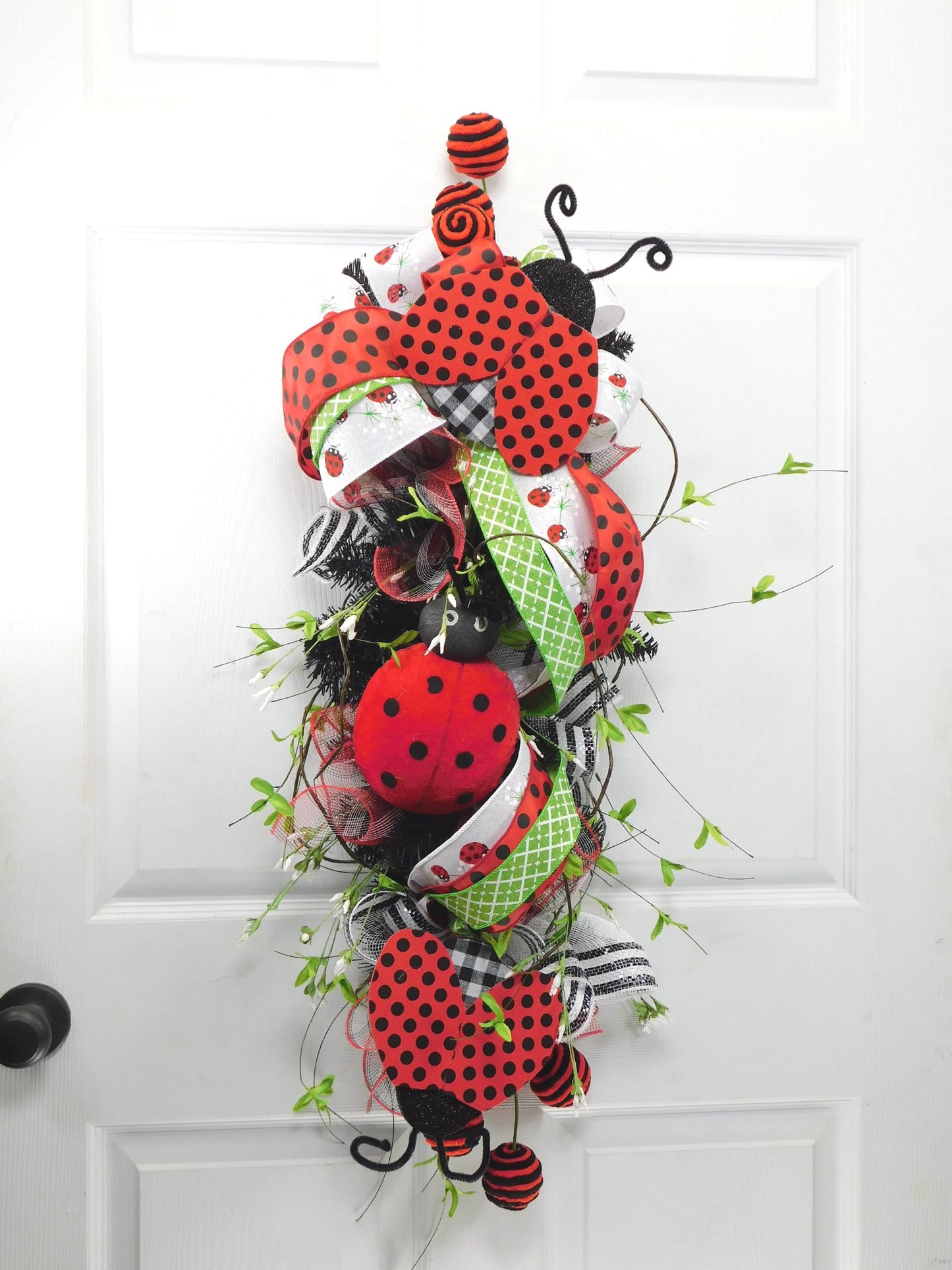 Ladybug Door Swag with Ribbons and Vines - 36” Whimsical Red and Black Decor