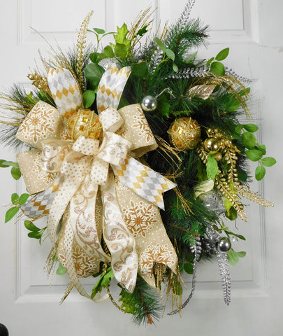 Glitzed Silver Gold Snowflake Wreath
