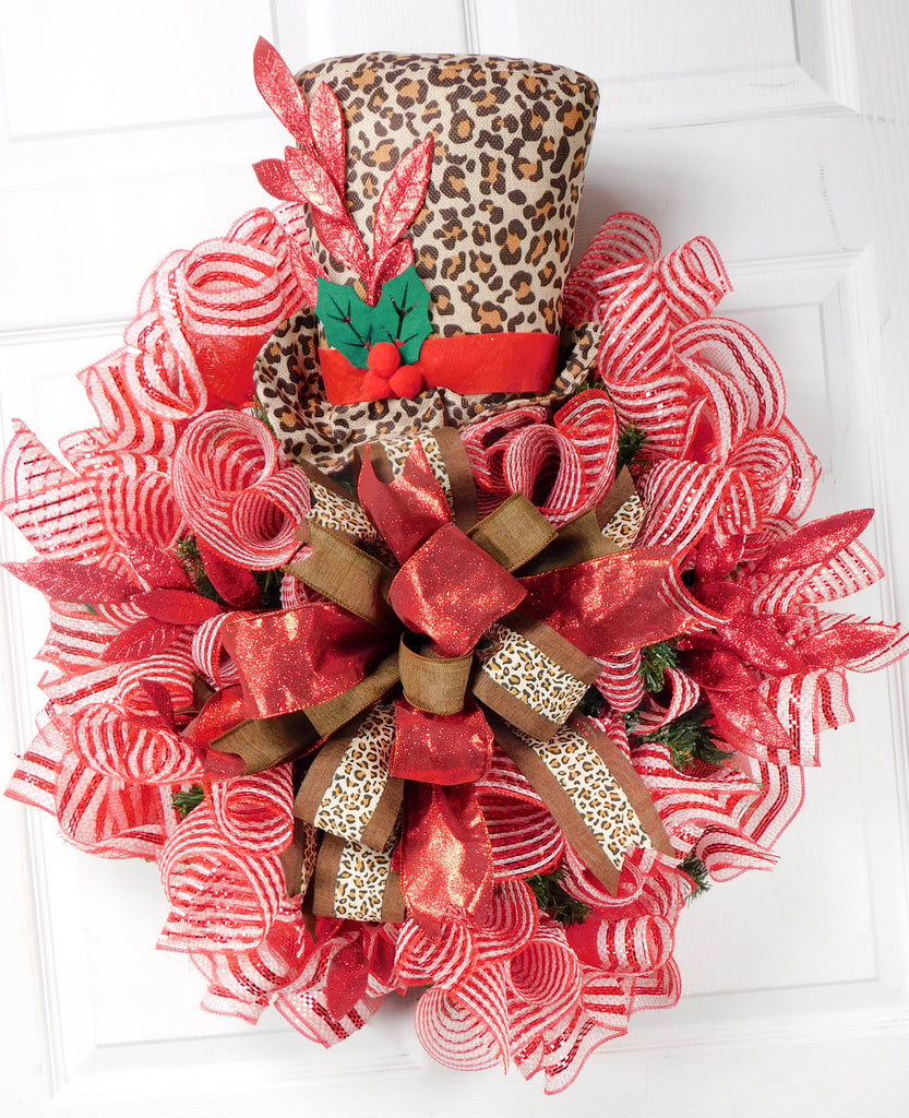 Leopard Print Top Hat Christmas Wreath