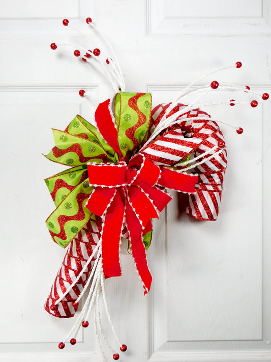 Peppermint Candy Cane Door Hanger - Festive Christmas Decor with Bows & Glitter Accents