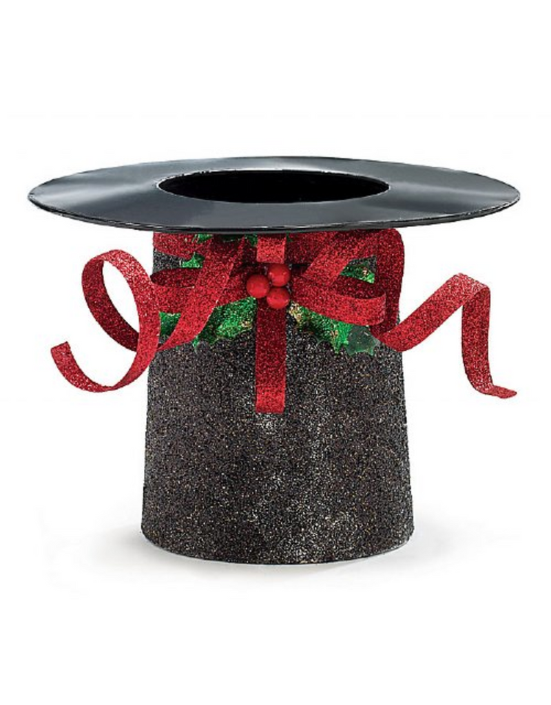 Glittered Black Tin Hat With Red Bow Christmas Container