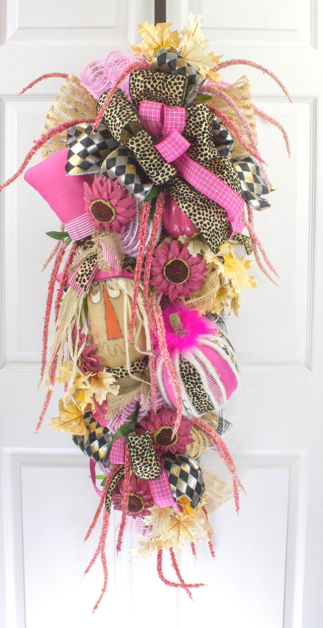 Vibrant Fall Door Swag with Pink and Leopard Accents - Autumn Harvest Scarecrow Decoration