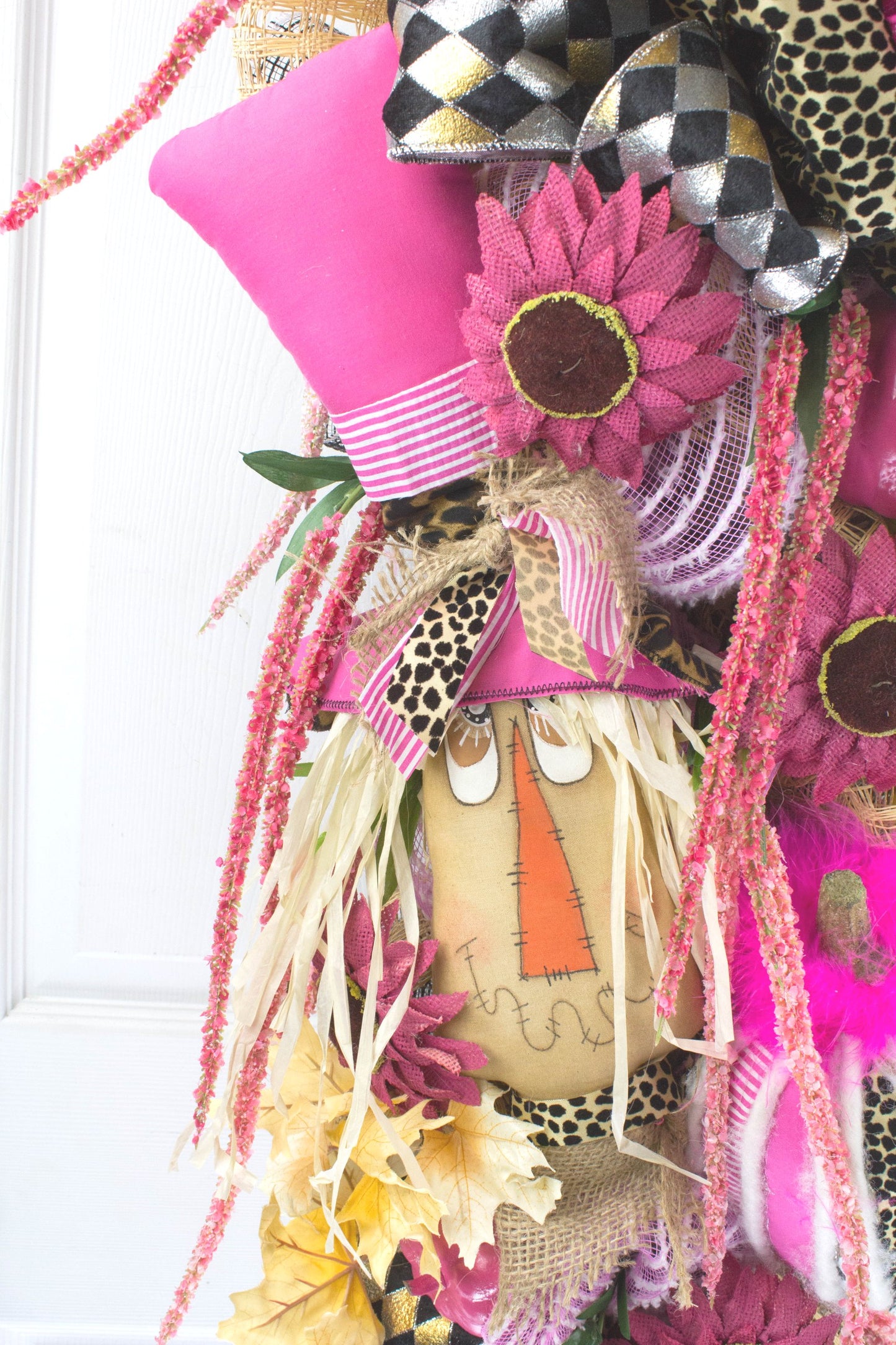 Vibrant Fall Door Swag with Pink and Leopard Accents - Autumn Harvest Scarecrow Decoration