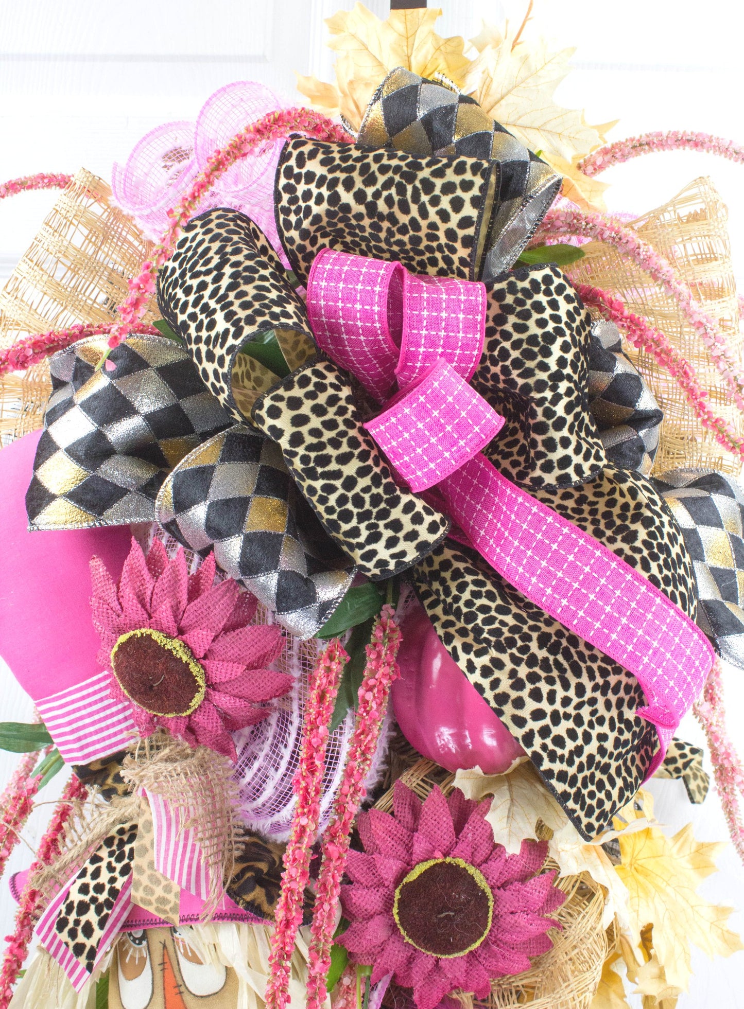 Vibrant Fall Door Swag with Pink and Leopard Accents - Autumn Harvest Scarecrow Decoration
