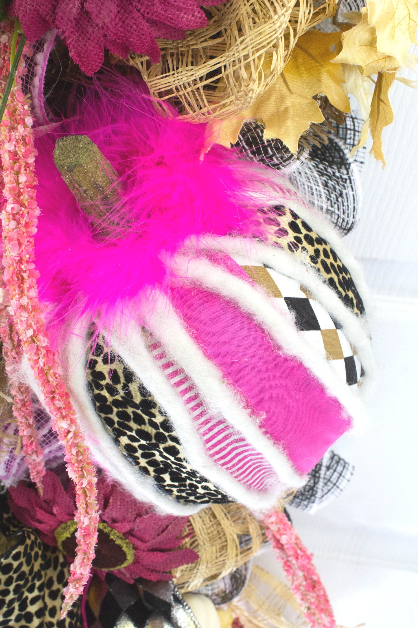 Vibrant Fall Door Swag with Pink and Leopard Accents - Autumn Harvest Scarecrow Decoration
