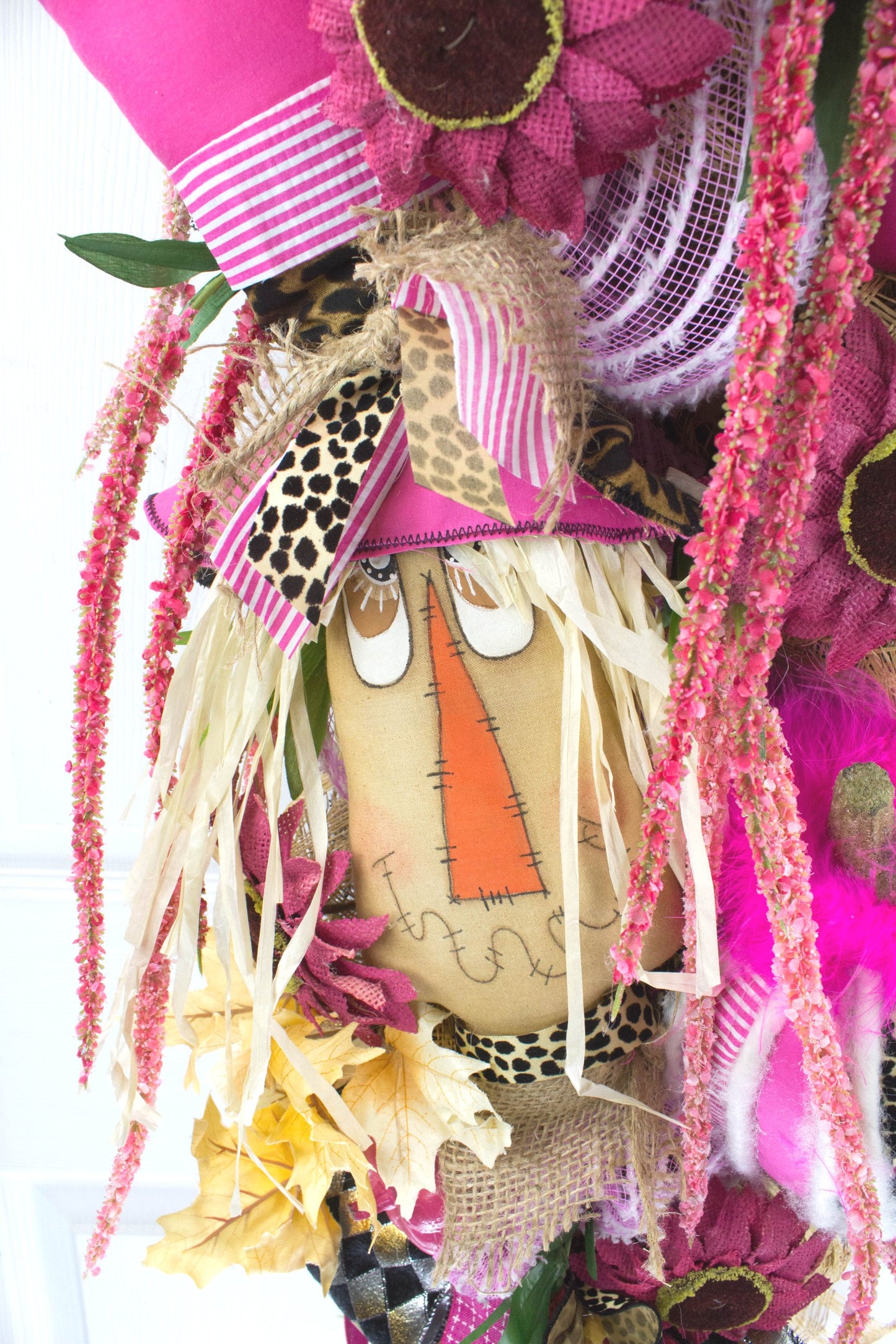 Vibrant Fall Door Swag with Pink and Leopard Accents - Autumn Harvest Scarecrow Decoration